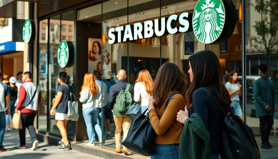 Two women entering a Starbucks store, illustrating vibrant urban life.