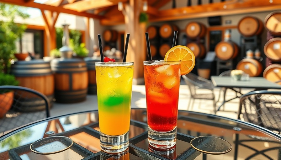 Refreshing cocktails on table at Corbin Cash Distillery patio.