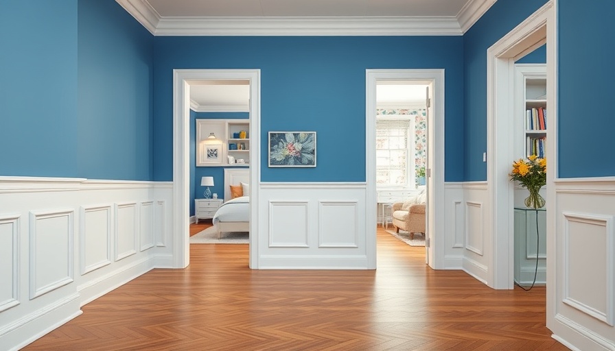 Modern colorful bedroom foyer with blue walls and white wainscoting.