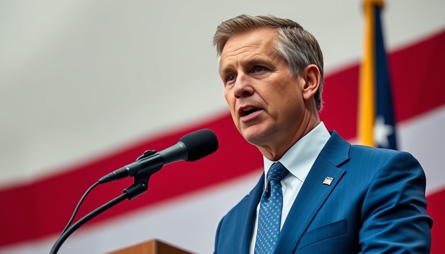 Confident speaker with American flag background at an event.