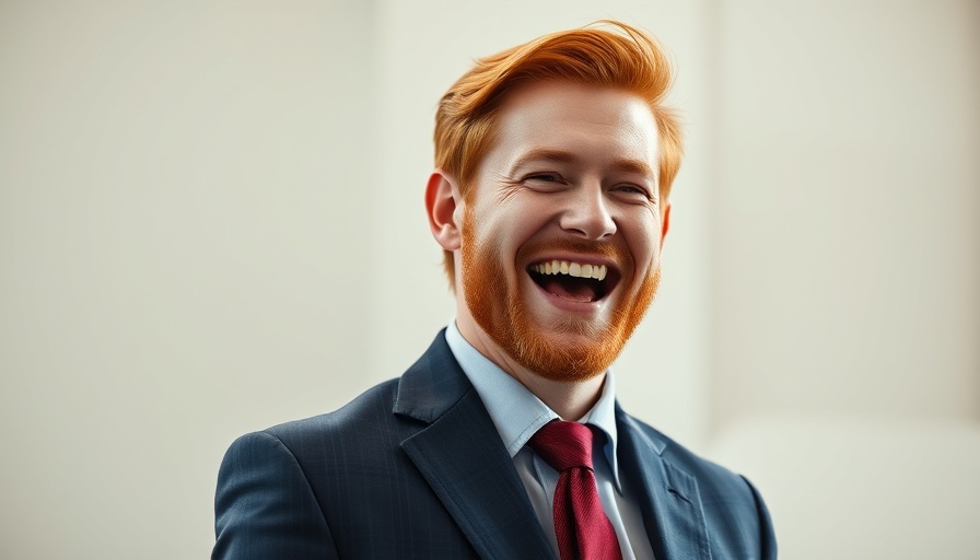 Smiling man with red hair joyfully interacting, neutral background.