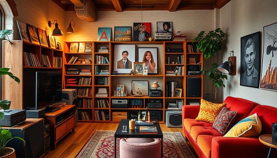 Moody and bold small rental decor with eclectic shelving and cozy seating.