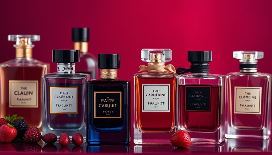 Collection of dark fruity fragrances in elegant bottles.