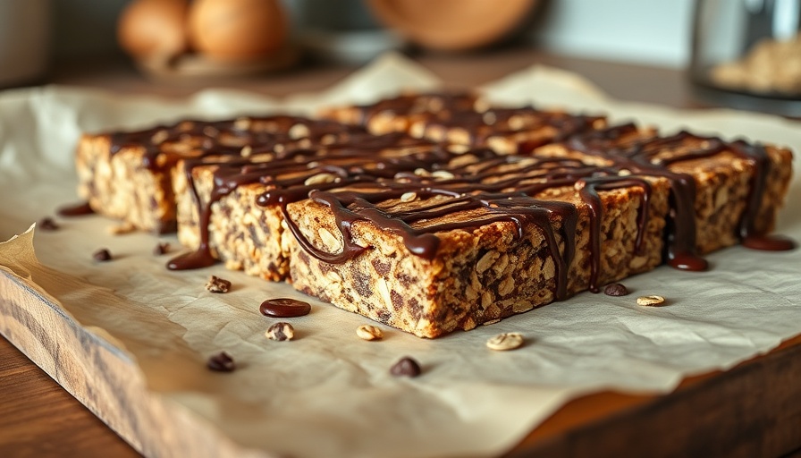 Protein bars with chocolate drizzle on parchment paper.