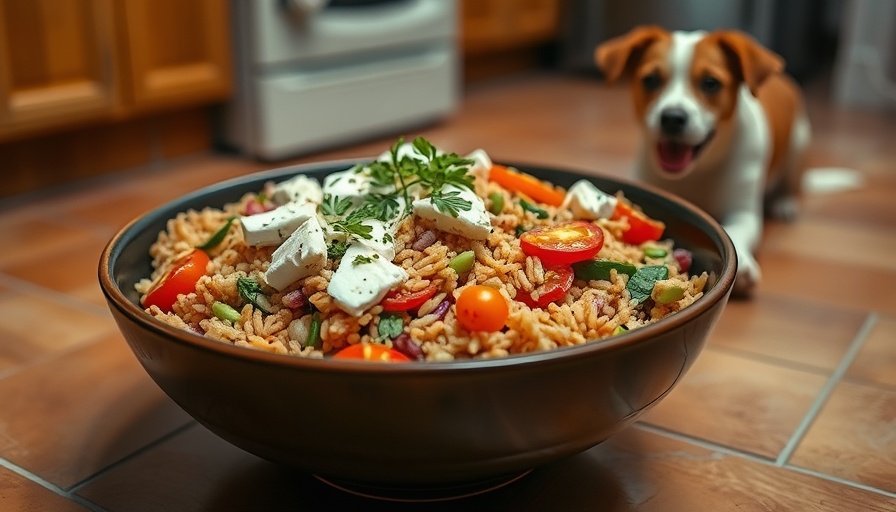 Healthy rice and veggie bowl with curious dog - healthy lifestyle trends North County San Diego.