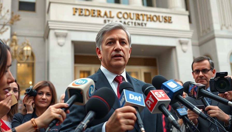 Senator Padilla addressing media on immigration court issues outside federal building.