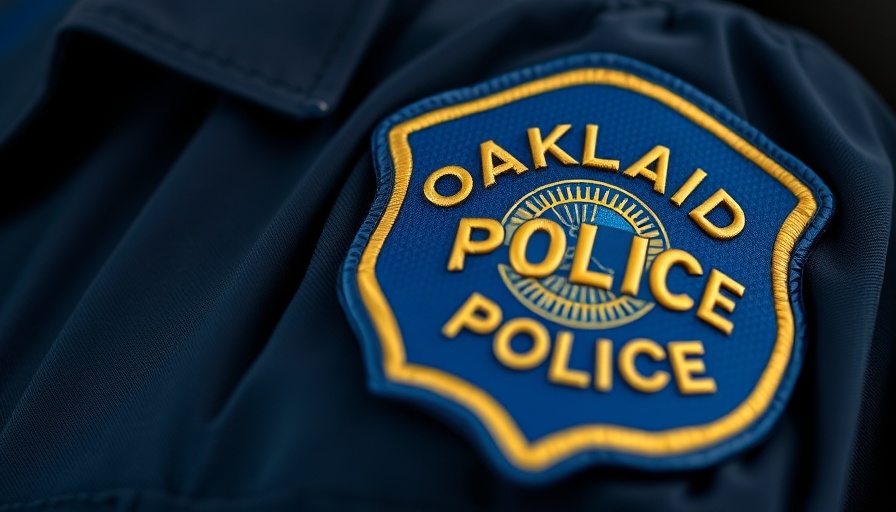 Oakland Police badge and patch close-up on uniform.
