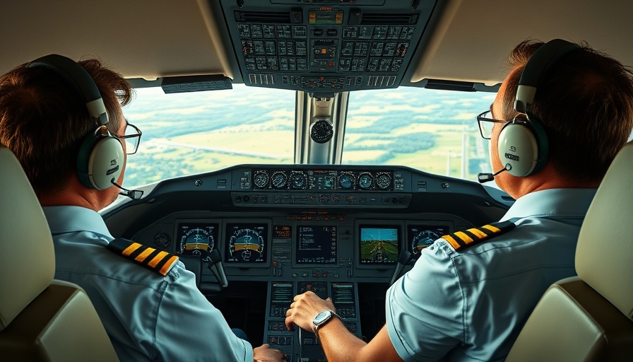 Pilots monitoring cockpit alerts for aviation safety over green landscape.