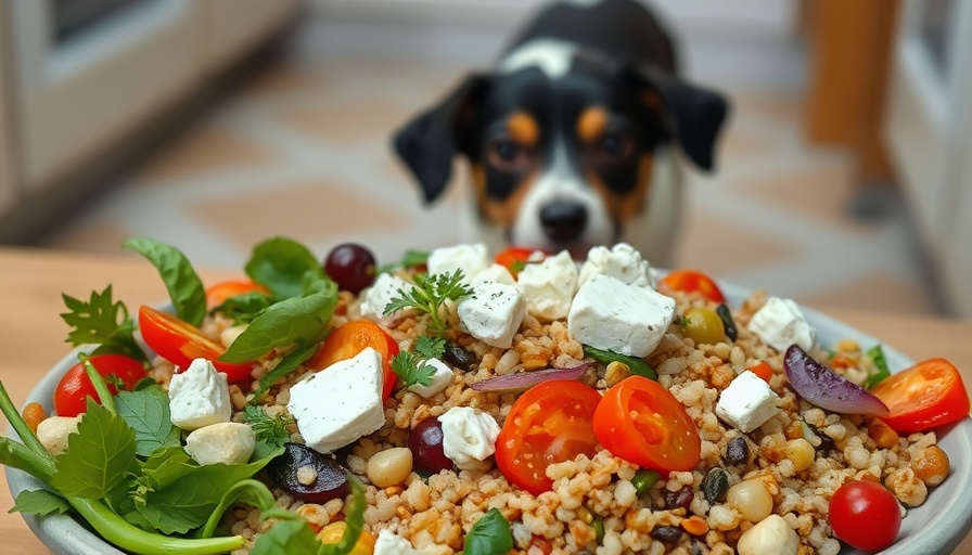 Healthy food dish with grains and vegetables, curious dog nearby. San Jose fitness tips.