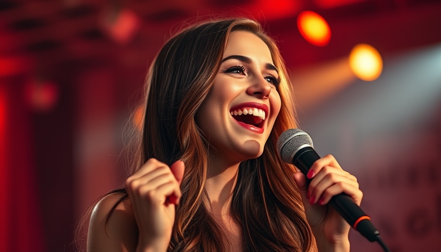 Smiling woman singing passionately on stage, vibrant red lighting