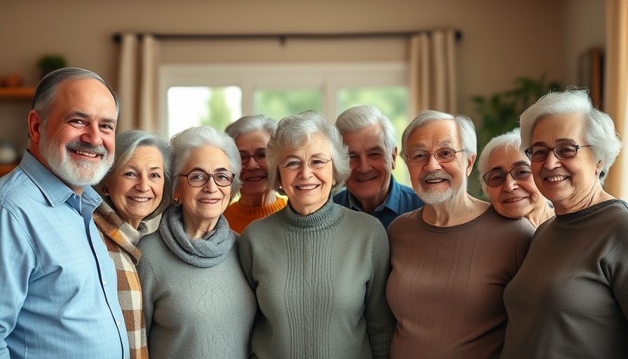 Diverse older adults smiling for Ageism Awareness Day, warm setting.