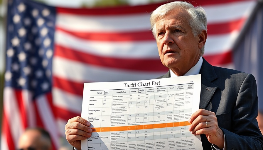 Older male presents tariff chart amidst U.S. flag backdrop discussing Trump's tariff policies.