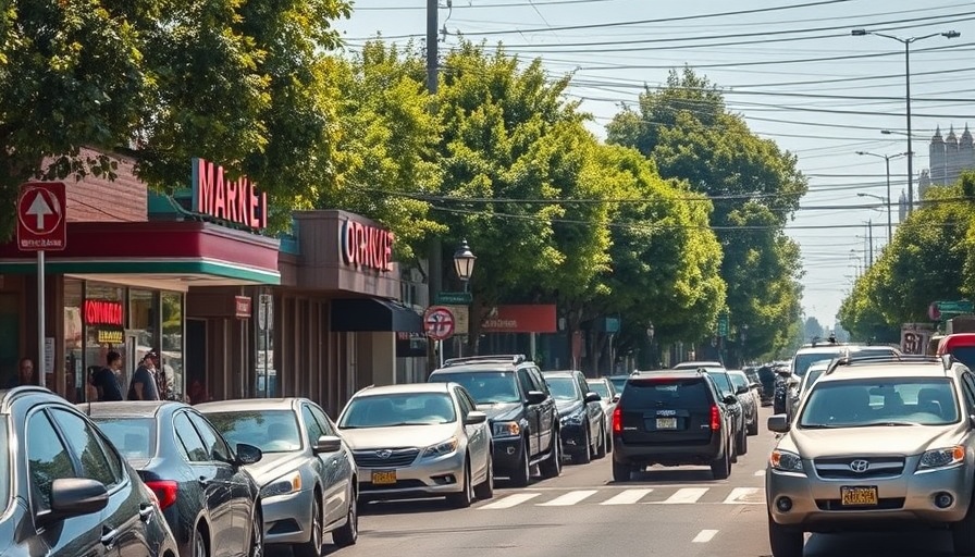 Busy Oakland street near market, parked cars, daylight scene.