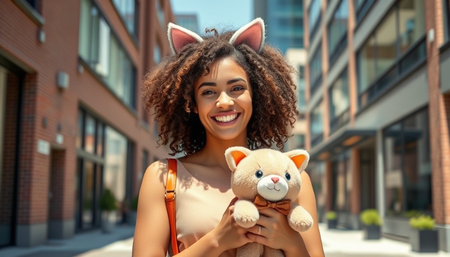 Woman holding plush toy, cat ears in urban setting, Gabby's Dollhouse Movie.