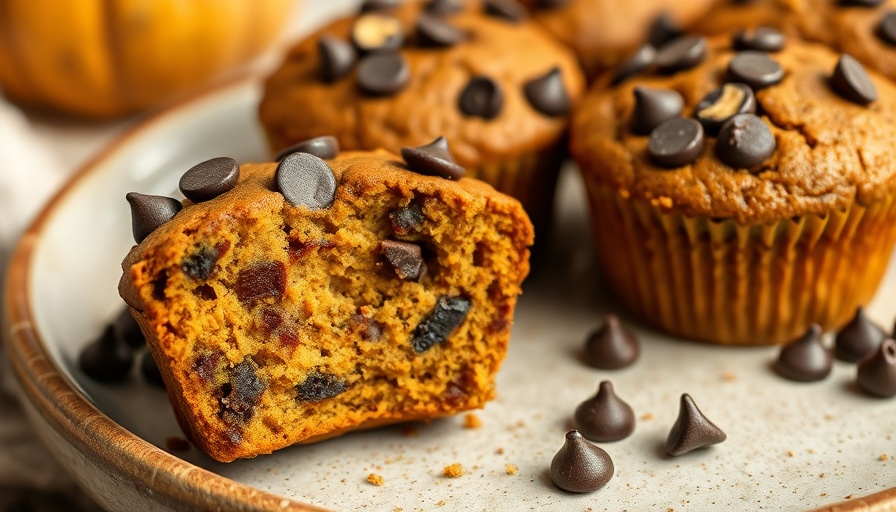 Pumpkin banana flax chocolate chip muffins with a bite taken on a plate.