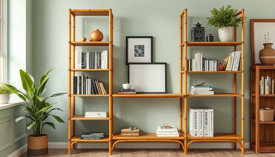 Elegant bamboo shelving unit with decor and storage boxes