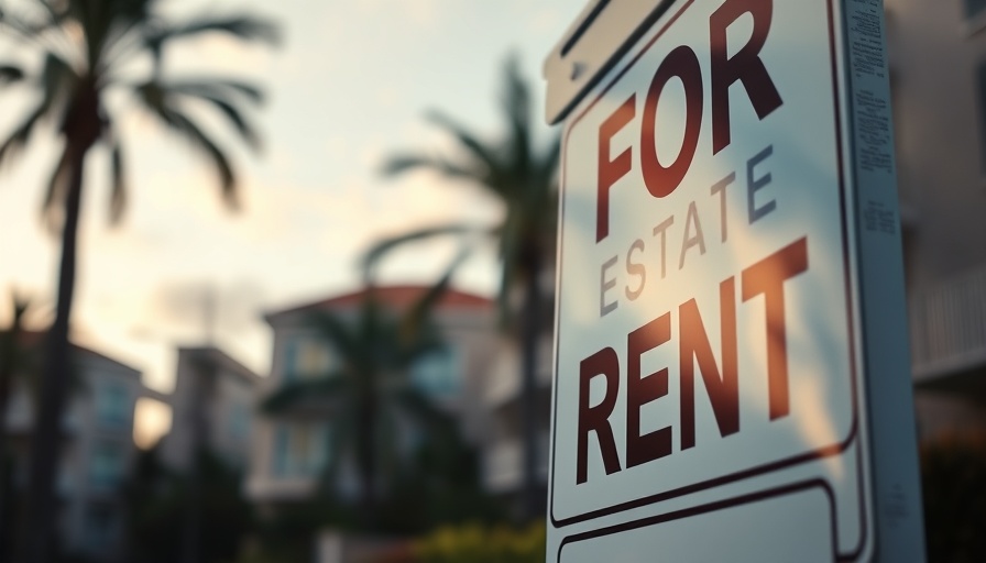For Rent sign with blurred background of California residences.