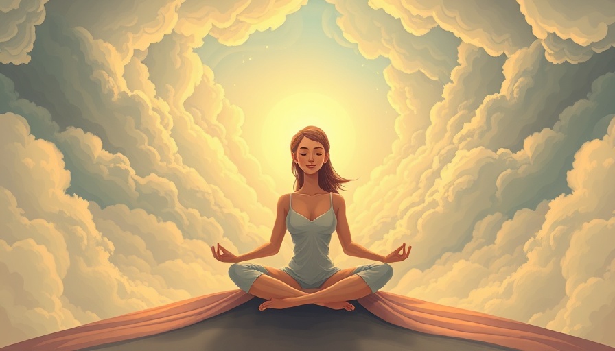 Serene woman meditating in stormy sky, emphasizing mindfulness in health.