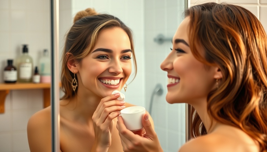 Young woman applying clean beauty products in bathroom mirror.