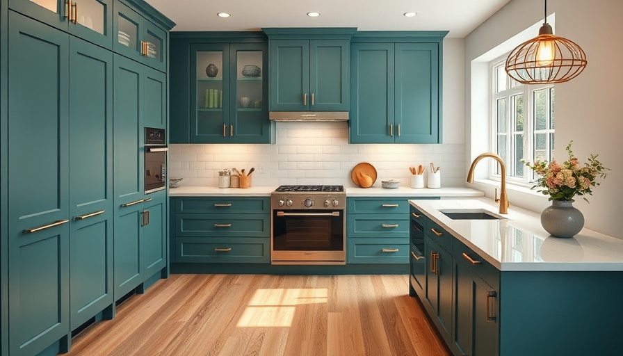 Beautiful modern kitchen showcasing teal cabinets and gold accents.