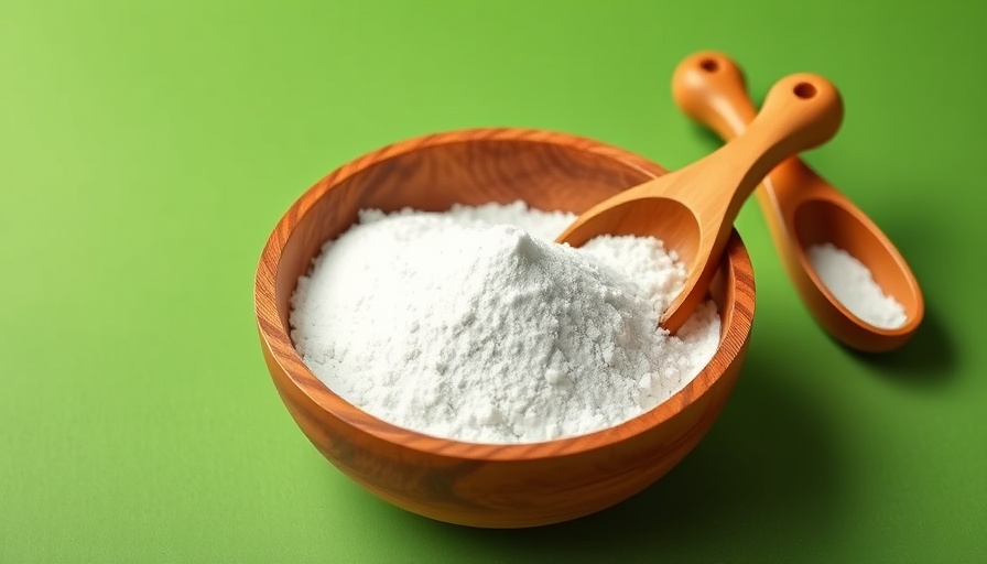 Wooden bowl with white powder and scoop on green background, phthalates in fragrance.