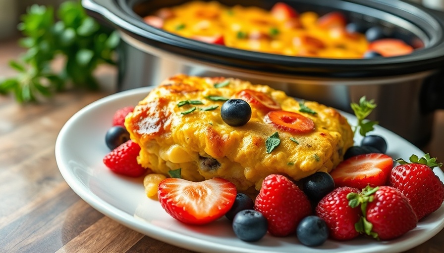 Crockpot Overnight Breakfast Casserole with fresh berries on a plate.