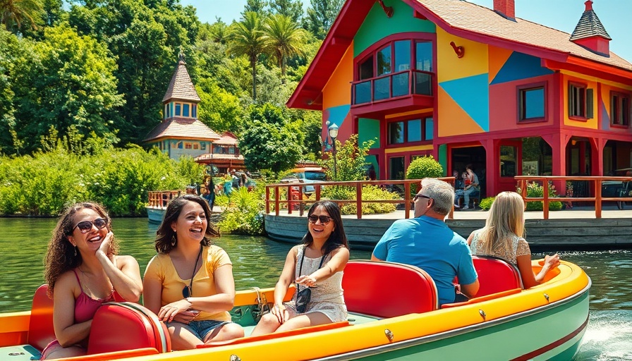 Visitors enjoy a boat ride at a Disneyland attraction under a sunny sky.
