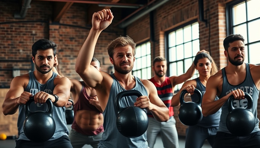 Energetic group lifting kettlebells in a rustic gym for best fitness classes in Akron.