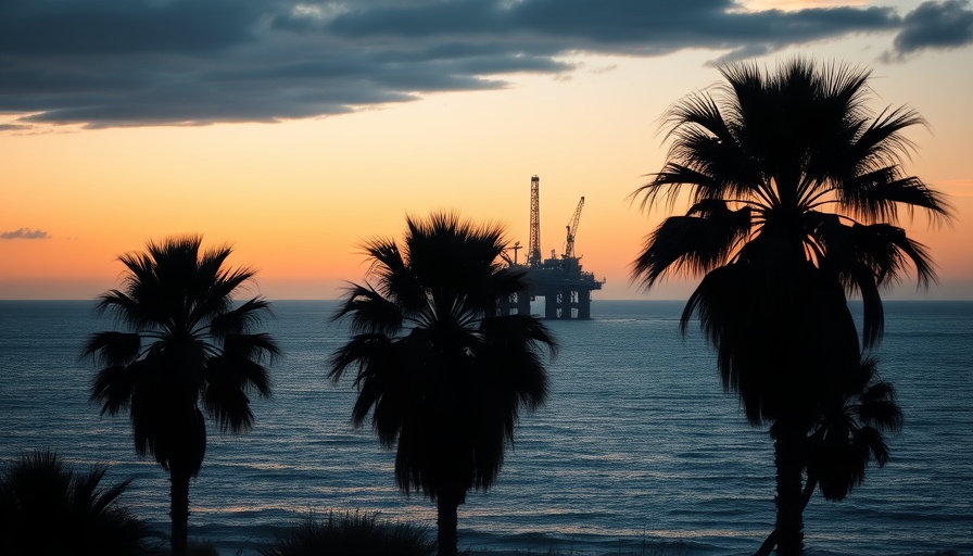 California offshore oil project, view with silhouetted palm trees.