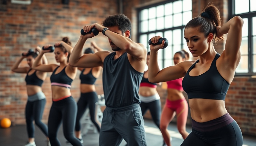 Group fitness class with kettlebell exercises, industrial gym setting.