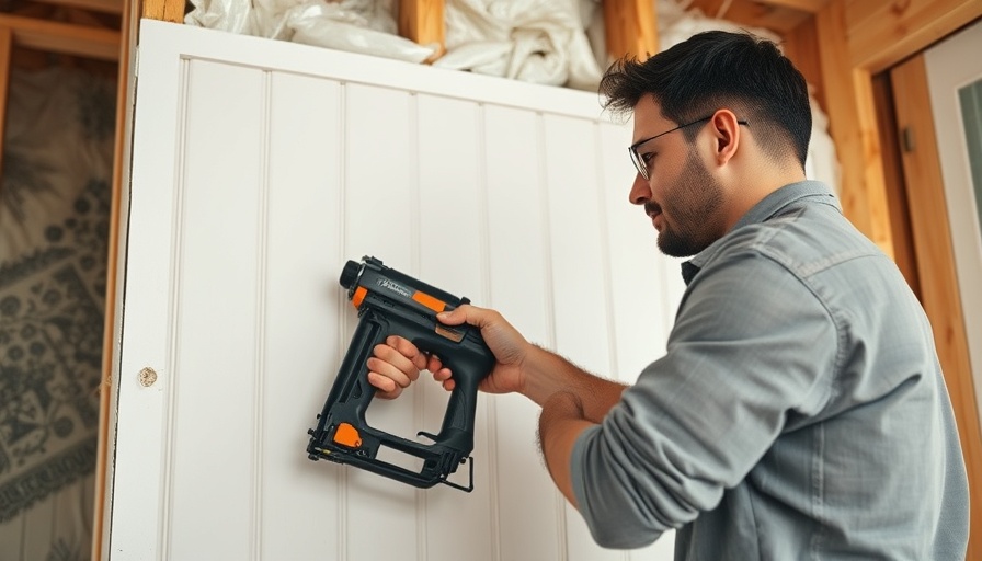 Person installing DIY beadboard wall paneling with nail gun in construction area.