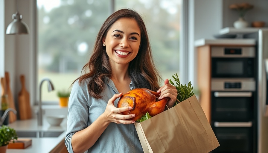 Smiling woman with rotisserie chicken in kitchen for dinner hacks.