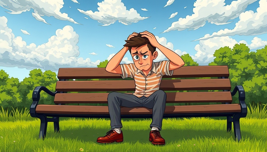 Man experiencing stress on park bench, cartoon style.