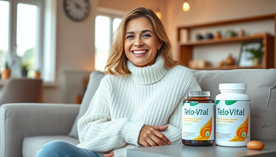 Cheerful woman with Telo-Vital supplement smiling in cozy home environment, promoting telomere health.