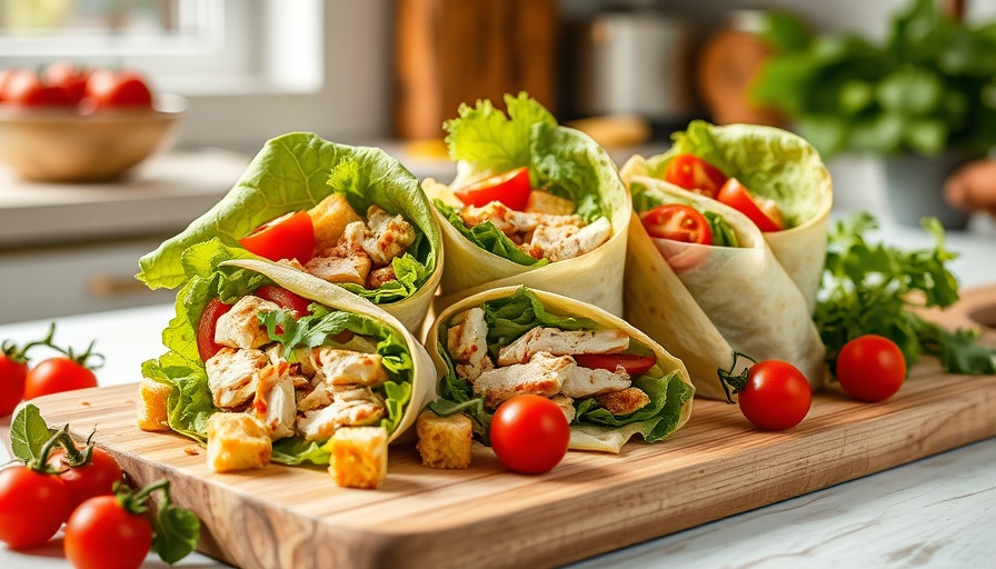 Chicken Caesar Wraps on a cutting board with tomatoes and croutons.