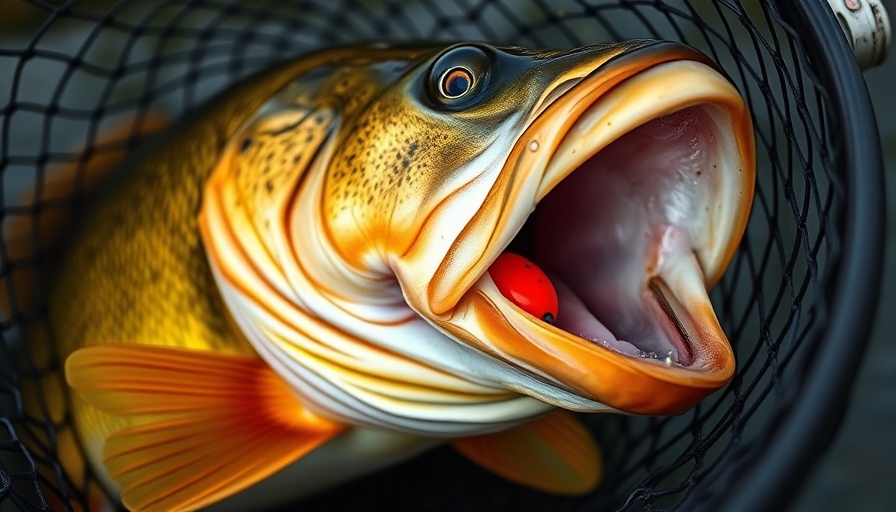 Close-up of a bass with a red crankbait in a fishing net, illustrating crankbait fishing techniques for fall bass.