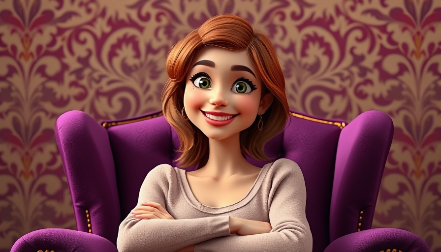 Self-portrait therapy: woman smiling in purple chair for camera