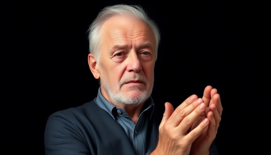 Older man clapping under dim light, serious expression.