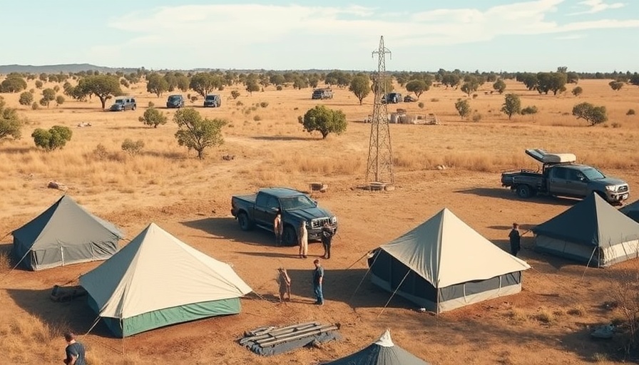 Encampment with tents and vehicles in California field