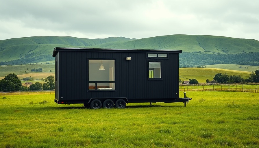 Modern black tiny home on wheels with large windows on a grassy field.