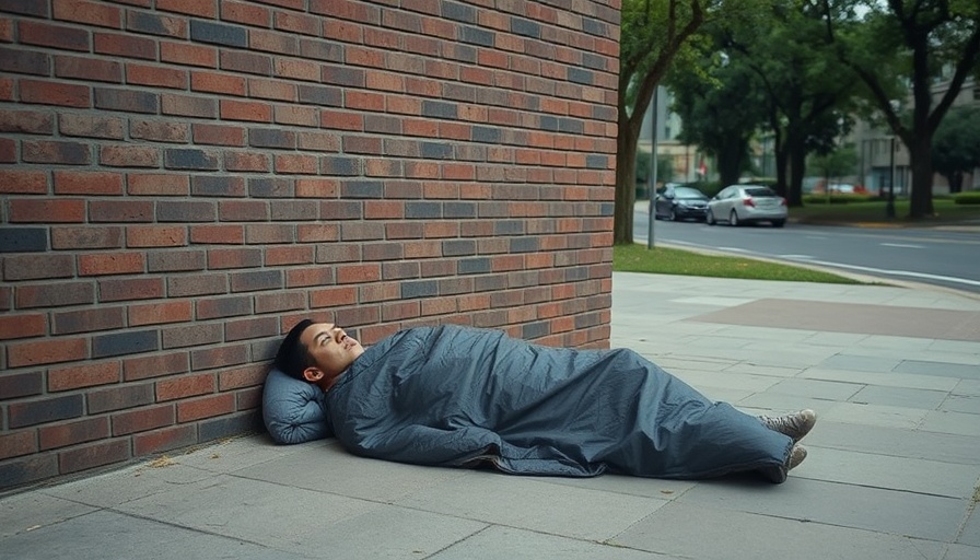 Homeless person lying on ground in urban San Diego.