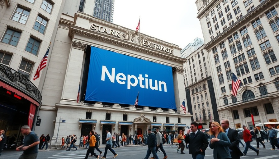 Neptune Flood IPO banner at stock exchange with pedestrians.