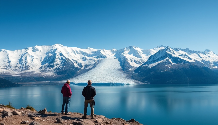 Distant view of Swiss glaciers melting with two figures examining ice.