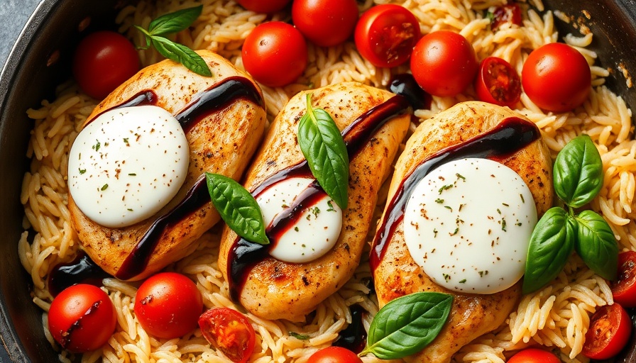 One pan chicken caprese orzo bake with mozzarella and basil.
