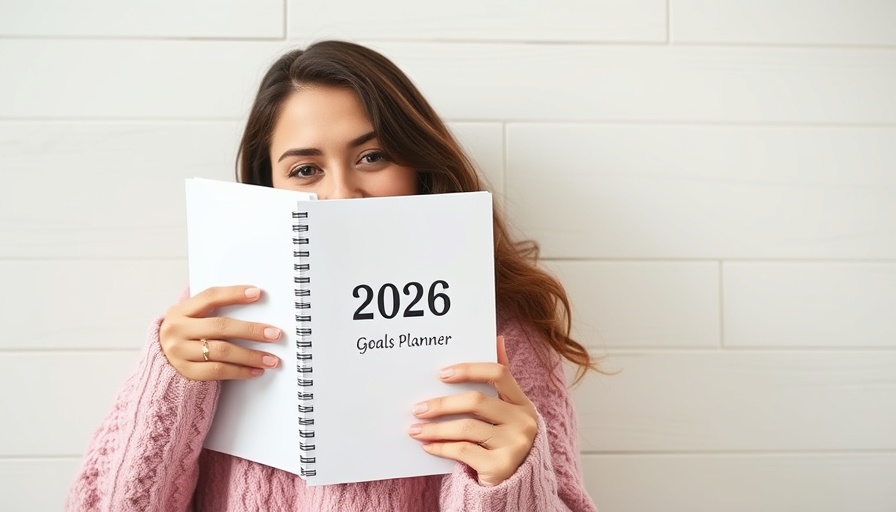 Playful woman with 2026 Goals Planner in soft pink sweater.
