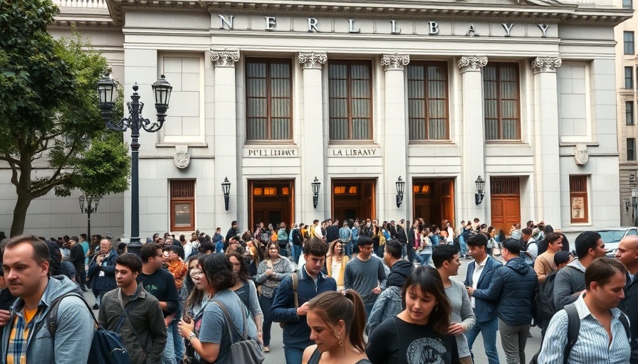 Diverse scene in front of San Francisco Public Library, people bustling.