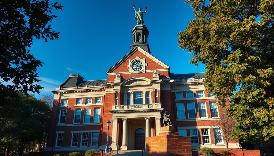 Historic university building reflecting Trump's political agenda in higher education, highlighted by an iconic statue.