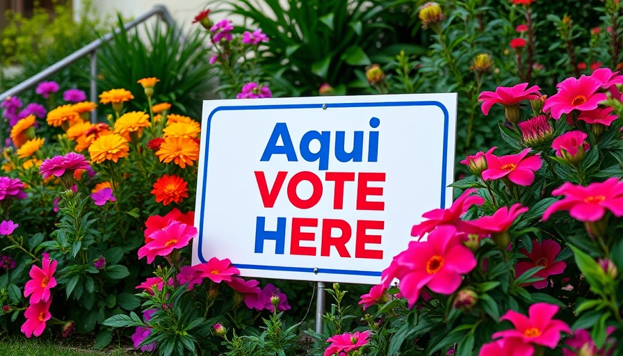 Bilingual voting sign in a garden setting, promoting participation.