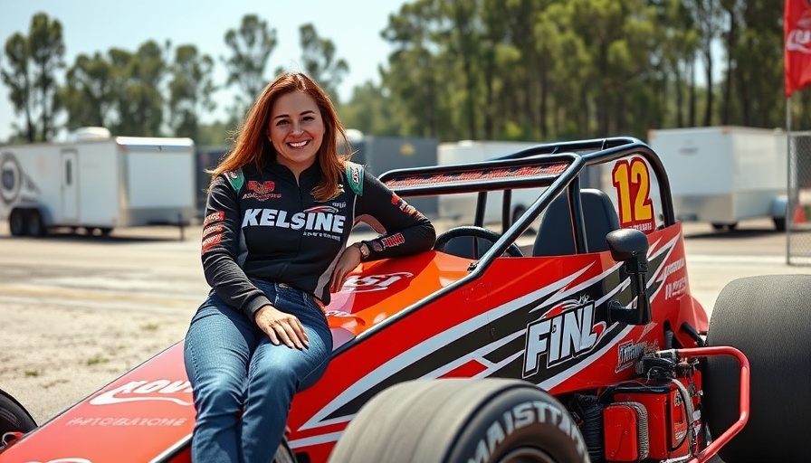 Female driver and red sprint car at Brentwood racetrack.