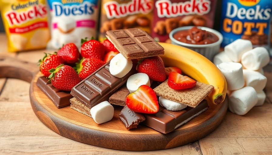 Creative savory s'mores ideas with fruits and chocolate on a wooden board.